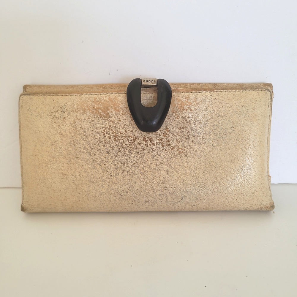 Vintage‎ Gucci Metallic Gold Leather Long Wallet Flip Lock 035.661.1893.5 Italy